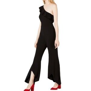 Bar III Midnight Bloom One Shoulder Ruffle Trim Slit Flare Jumpsuit